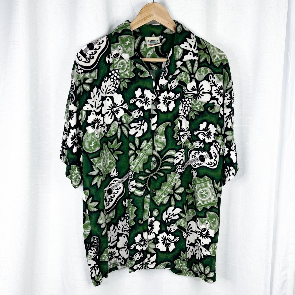 Jammin Shirts Hawaiian Camp Shirt Mens M Green Guitar Hibiscus 100% Rayon EUC